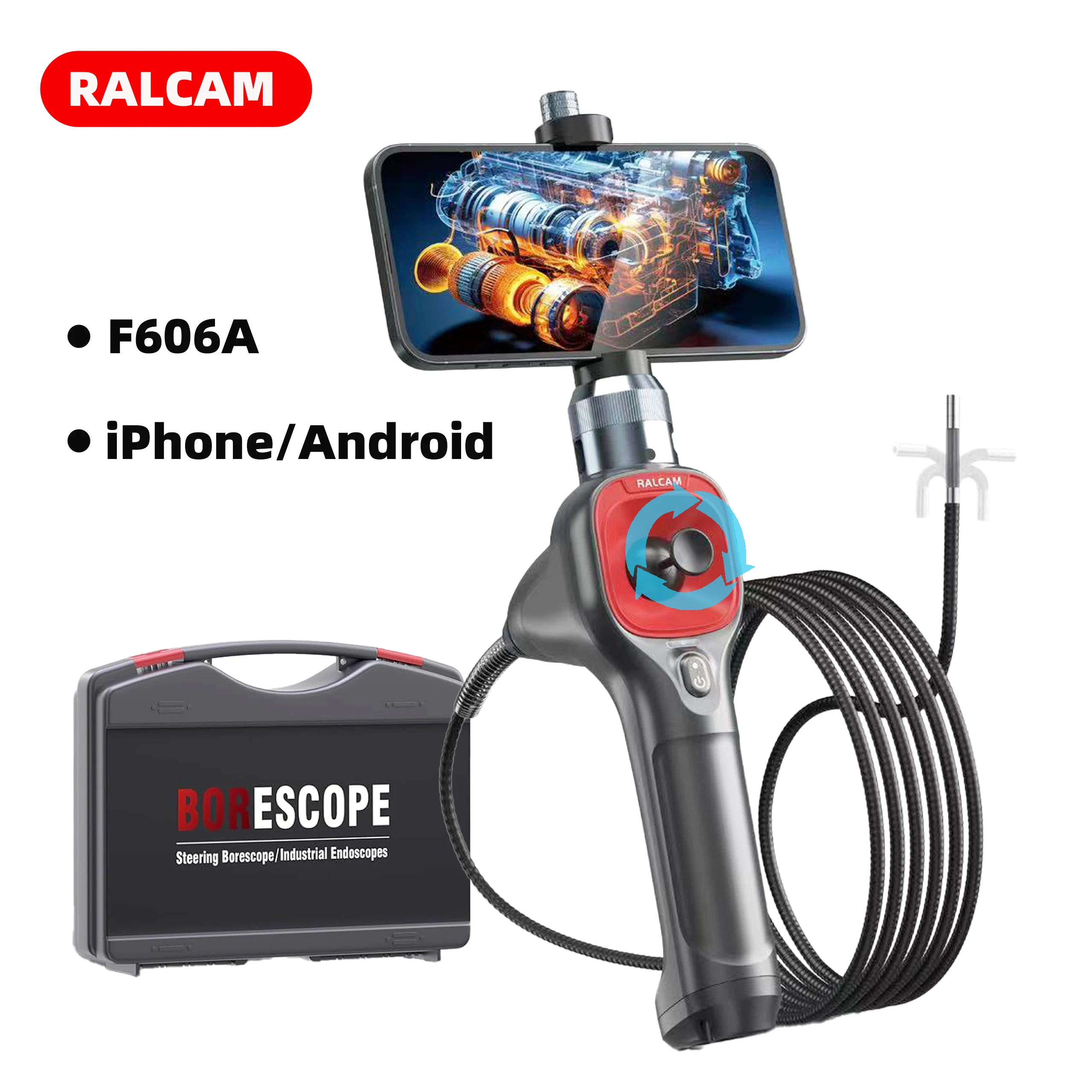 Ralcam Articulating 360/720° Endoscope 6.2mm Inspection Camera Cameras with 6 LED, IP67 Waterproof Semi Rigid Cable