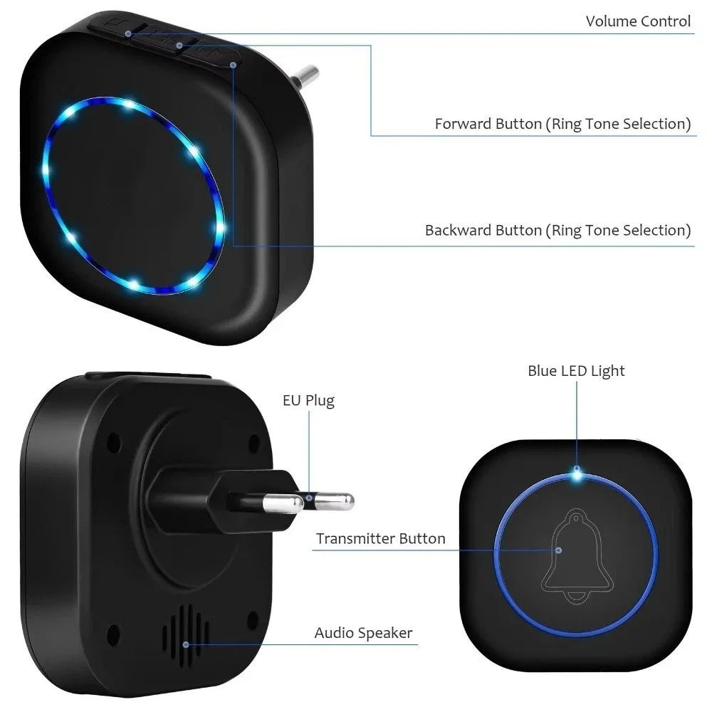 

Водонепроницаемый беспроводной дверной звонок с 4 уровнями громкости, умный интеллектуальный дверной звонок, вилка EU/US, 36 мелодий, электронный дверной звонок, пейджер для пожилых людей