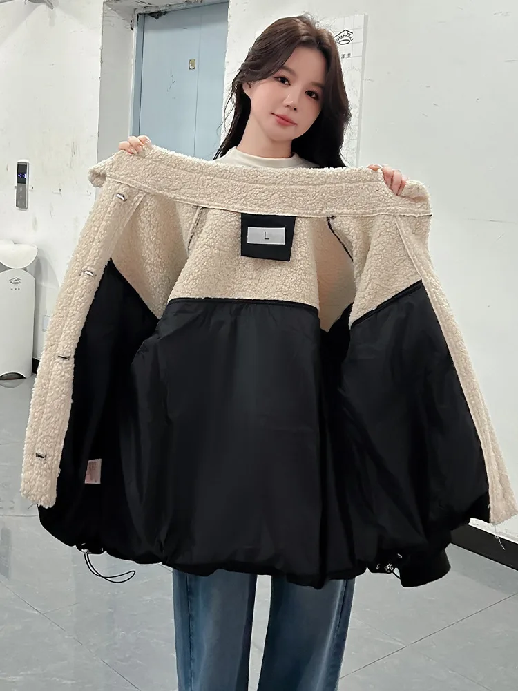 Winter Korean Splicing Cotton Jacket For Women Faux Lamb Wool Patchwork Thick Coat Casual Fashion Loose Warm Jackets