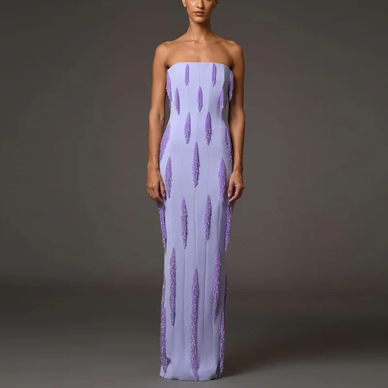 Evening dress, women's clothing, hosting dress, temperament, nail bead wrapped chest dress, Dubai Arab socialite party dress