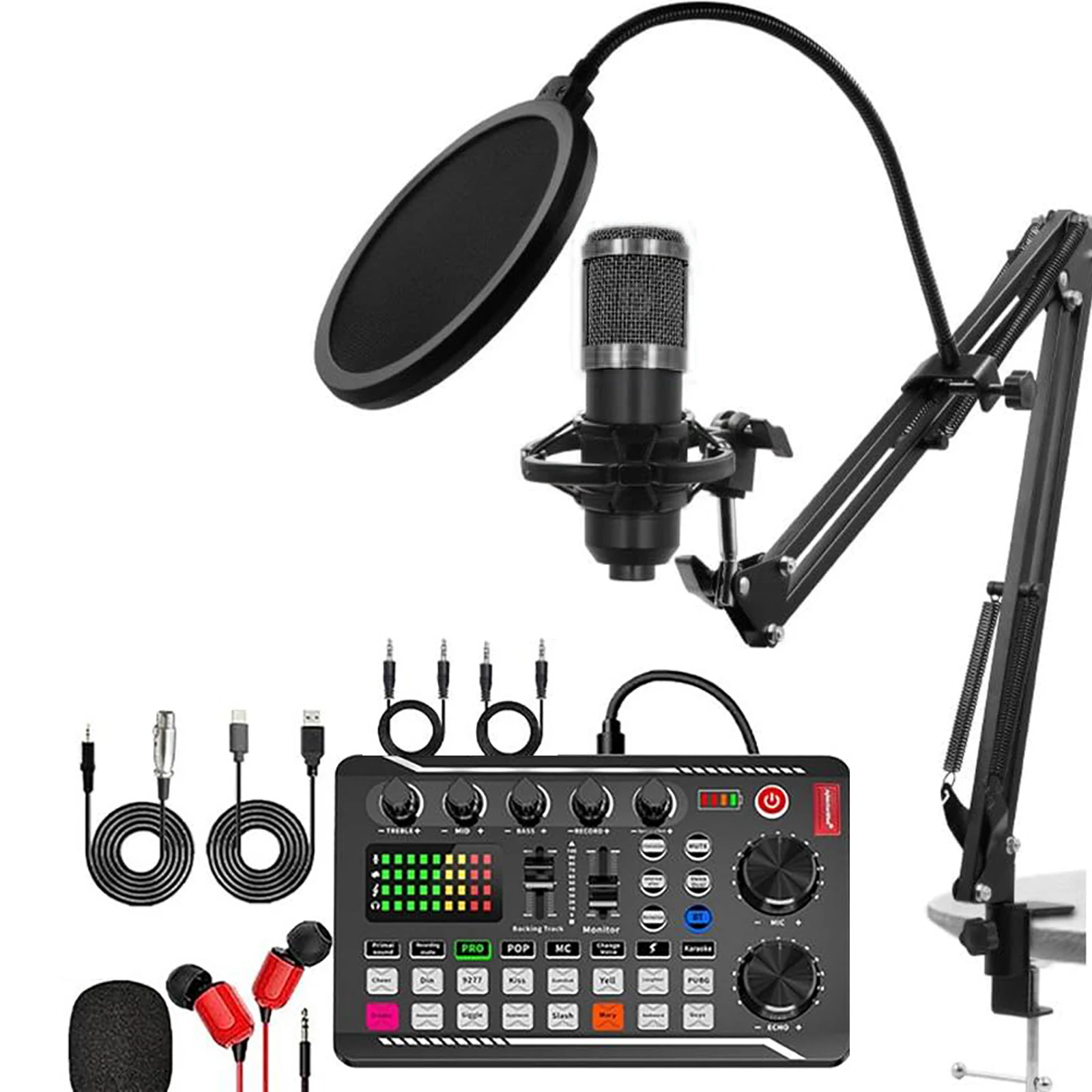 

Podcast Microphone Suit w/Sound Card Audio Mixer Condenser Mic DJ Mixer (Black)