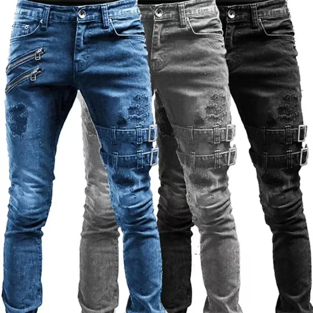 New Men Retro Moto Biker Straight Elastic Jeans Zipper Hole Streetwear Punk Skinny Denim Cargo Pants Pantalones Y2K Clothing