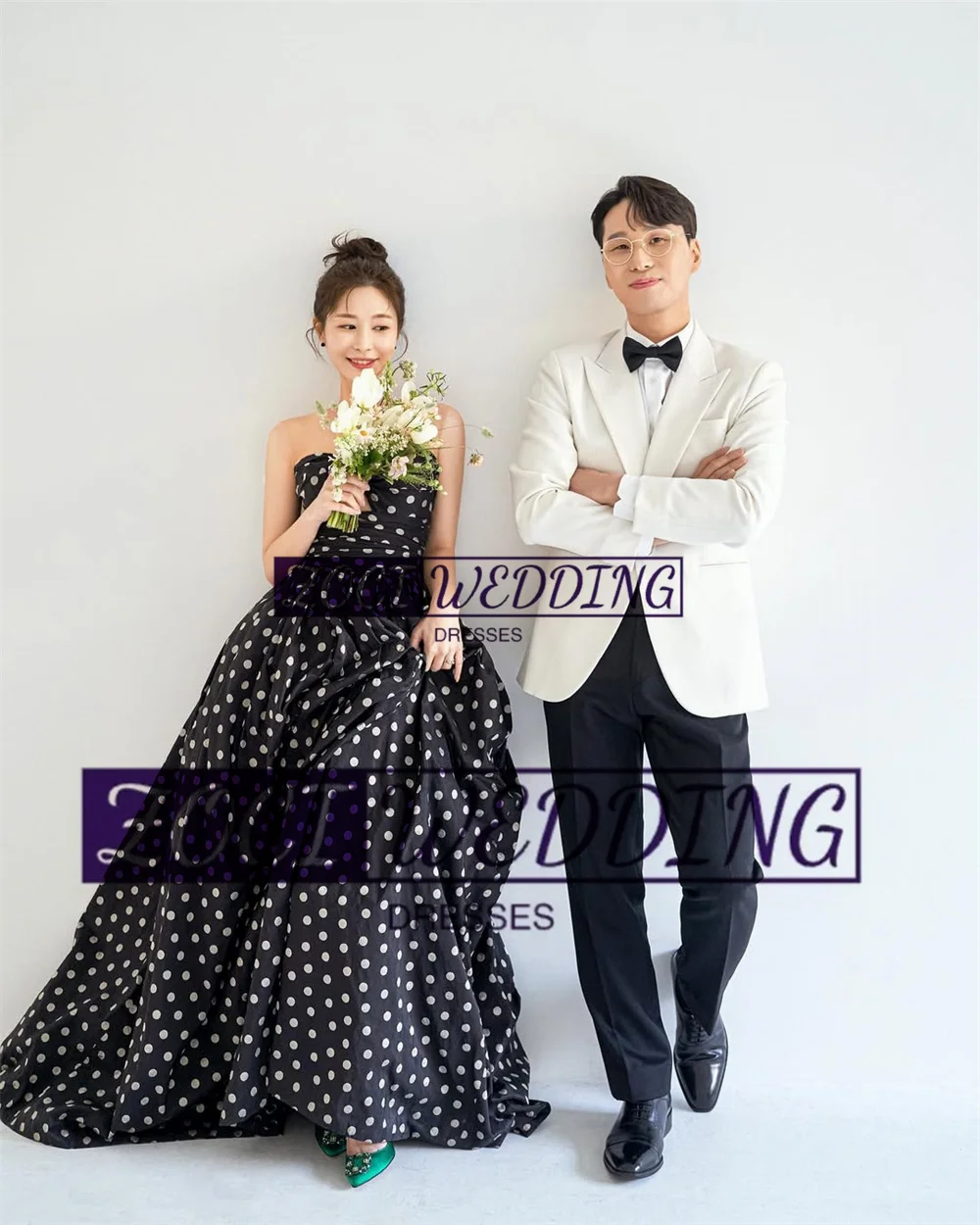 Zoci 빈티지 블랙 한국 이브닝 드레스, 화이트 도트, 맞춤형 새틴 웨딩 사진 촬영, 원피스 플로어 신부 피로연 원피스