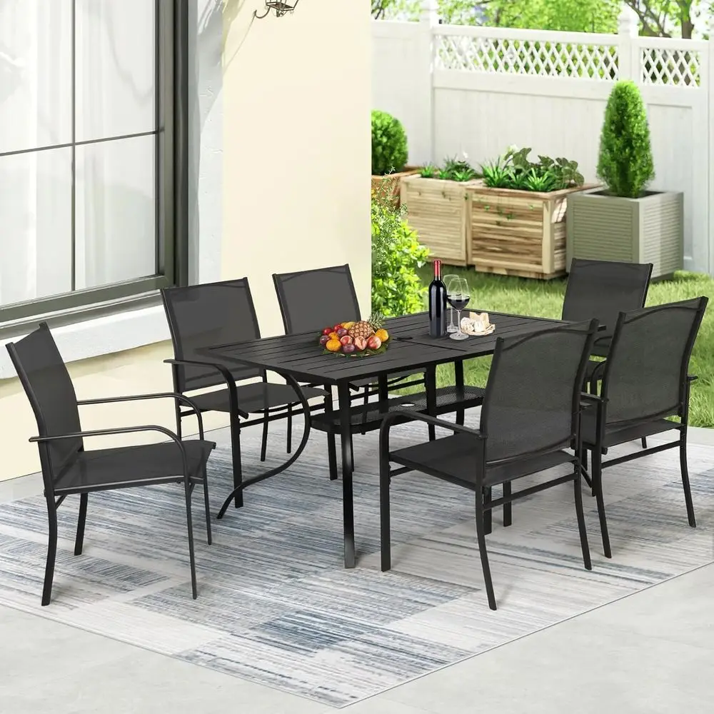 

7-Piece Outdoor Dining Set with 6 Textilene Chairs, Metal Table, and Umbrella Hole for Patio, Lawn, Garden, Porch, Backyard (Bla