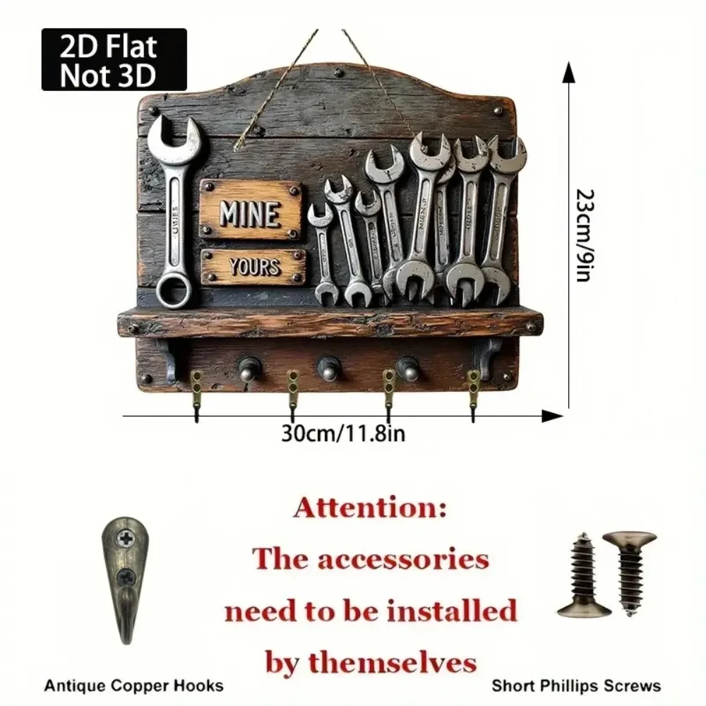 2D Retro Garage Workshop Wooden Key Holder with Four Metal Hooks, Ideal Gift for Home, Workshop, Men's Cave, Garage Decoration