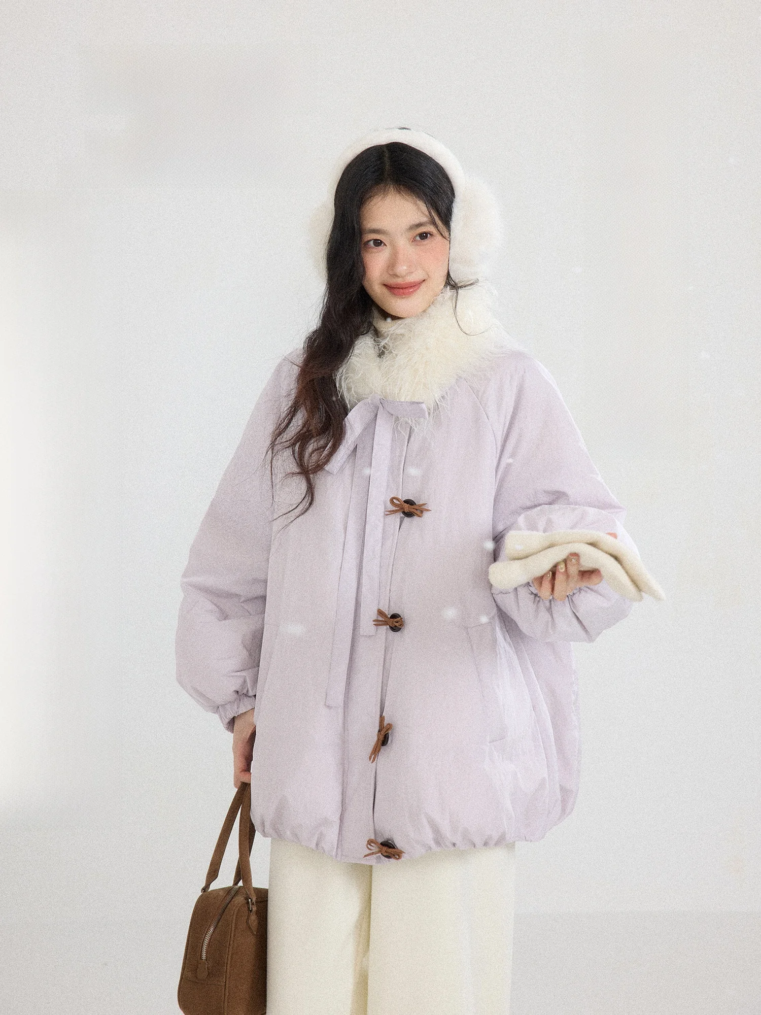 

ORWhite Women's ort Loose down Jaet Du Feather Doll Collar Winter Coat Knot Removable Flower Bud Design