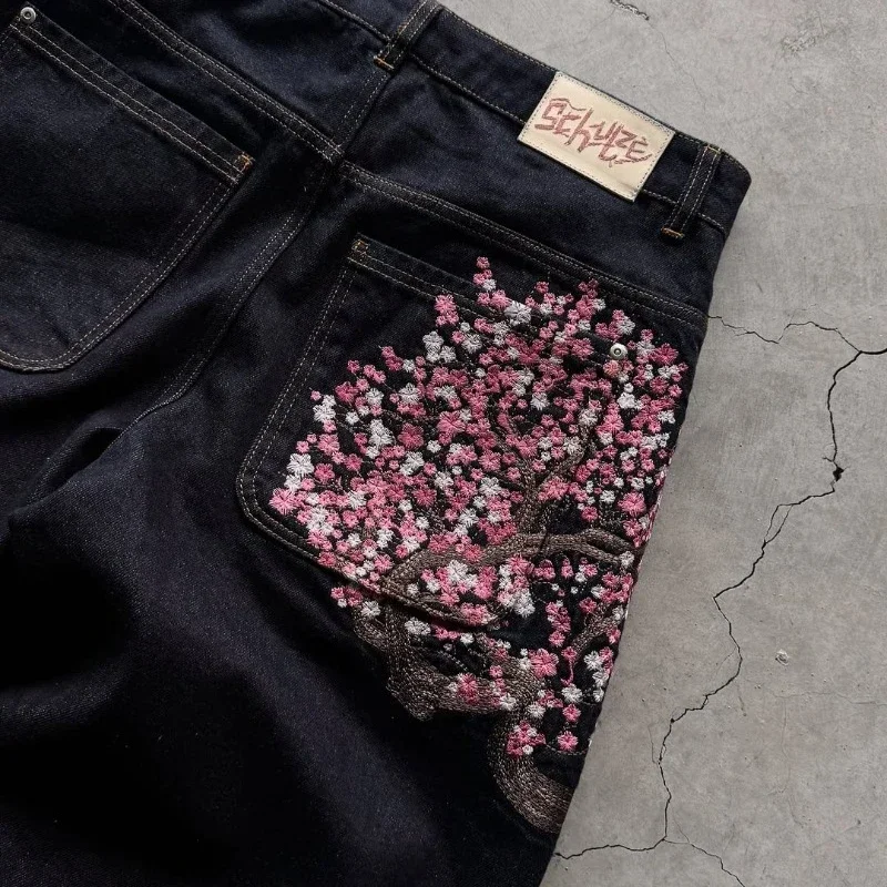 Y2K men jeans vintage embroidery plum blossom pattern high quality jeans new Harajuku streetwear gothic men women wide leg jeans