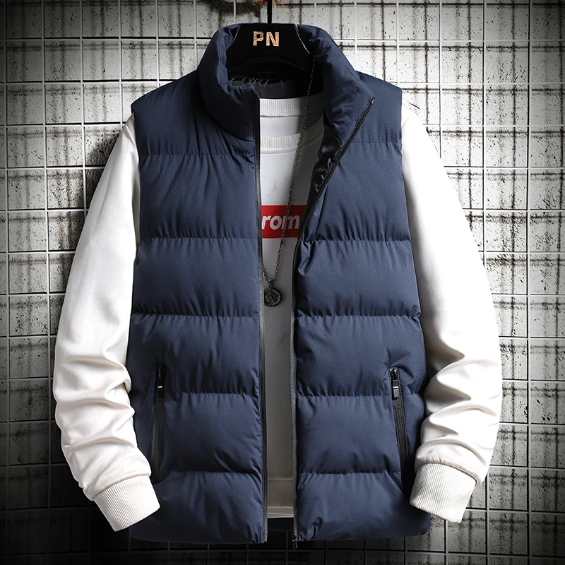 

Autumn Lightweight Vest Jacket Men's Light Luxury Thick Warm Windproof Sleeveless Parka Coat Men Casual Stand Collar Padded Vest