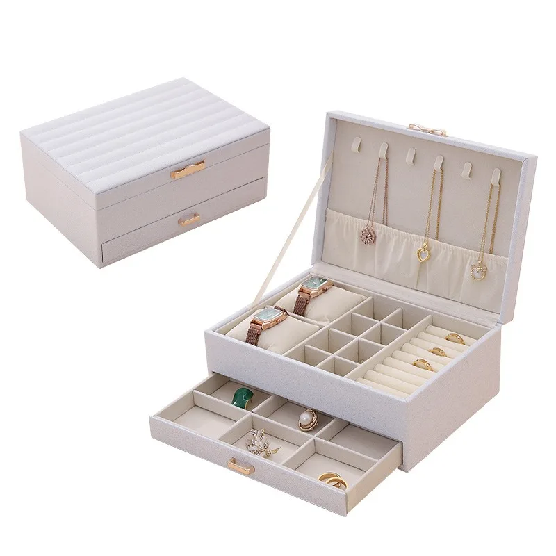Striped PU Leather Double Layer Jewelry Box Large Capacity Portable Storage Case  Necklace Ring Watch Bracelet Home Travel Use