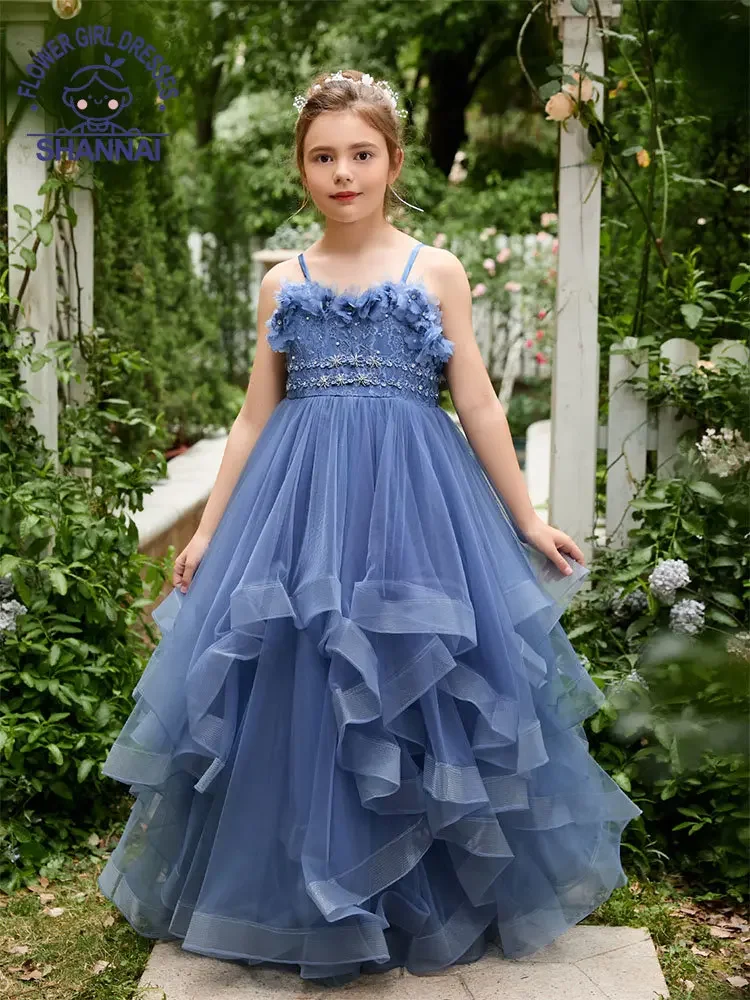 Blue Flower Girl Dress for Weddings Exquisite A-LINE Sleeveless Sweetheart Floor-Length Princess Dress for Girls 1-13