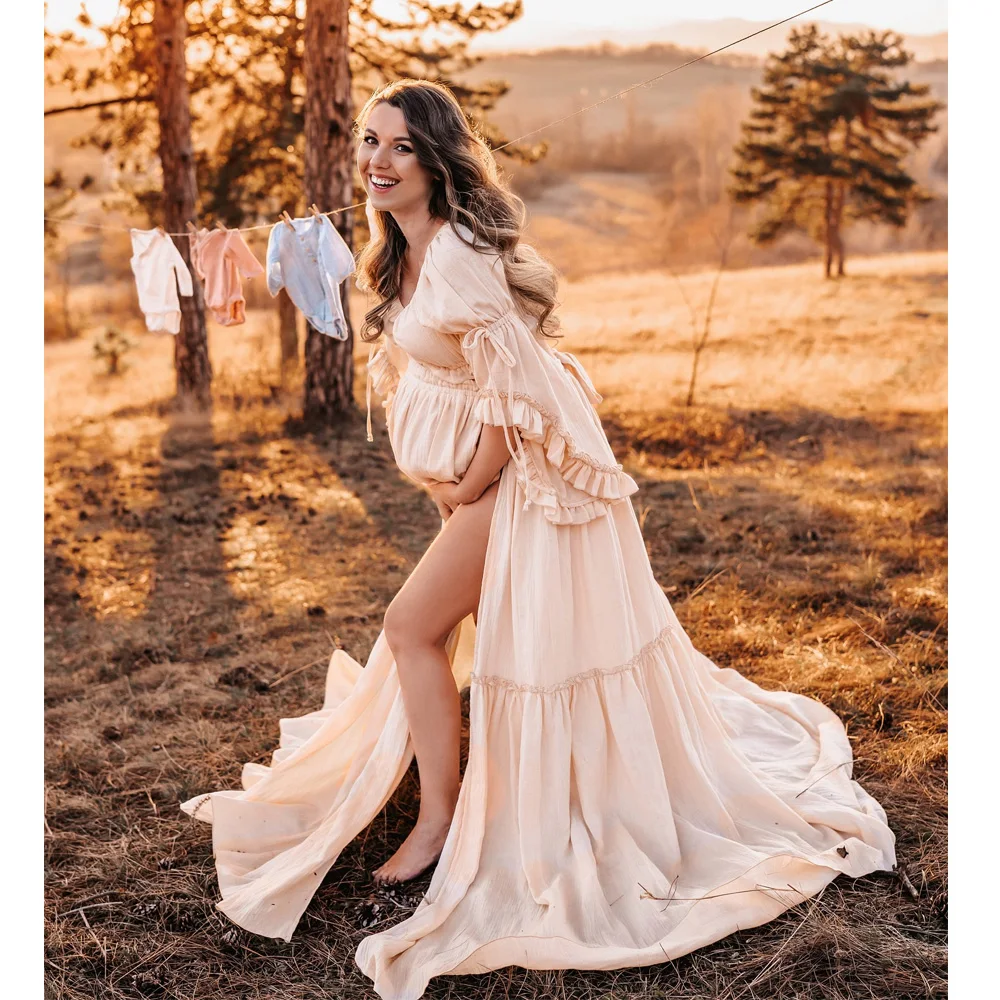 Böhmisches Fotoshooting-Schwangerschaftskleid, bequeme Baumwolle, plissierte Ärmel, zweiteiliges Set, Umstandsfotografie-Kleid, Outfit