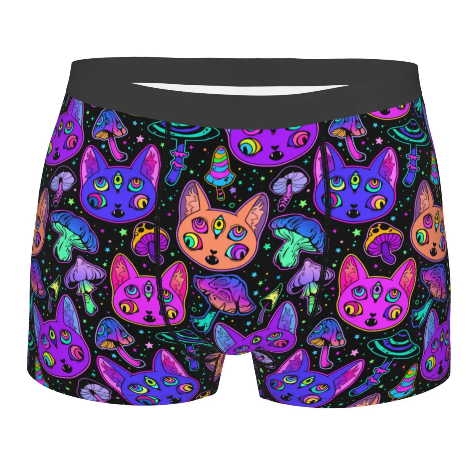 Trippy Eyes Black Cat Mushrooms Pattern Underwear Men Stretch Boxer Briefs Shorts Panties Soft Sexy Underpants for Male