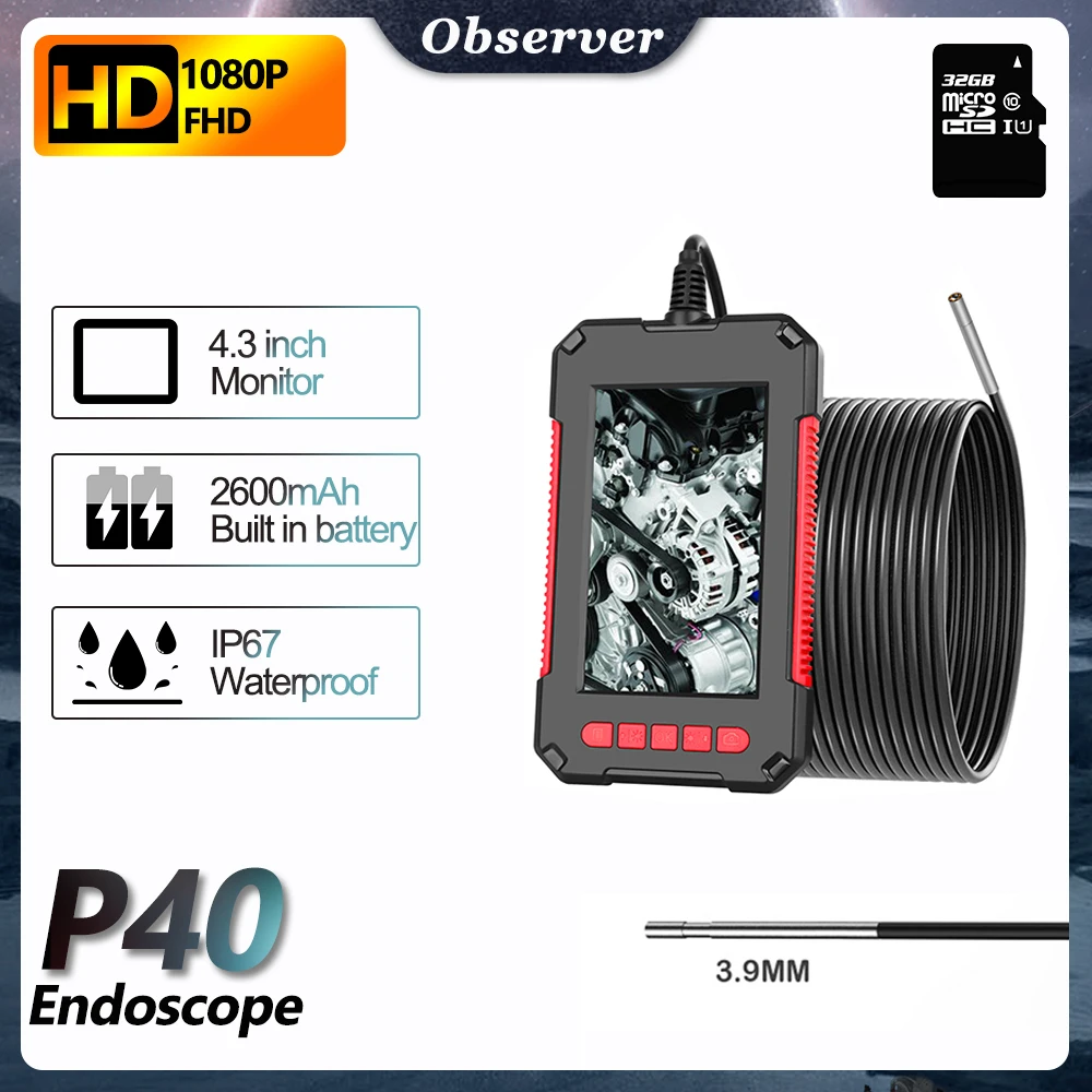 

3.9mm Industrial Endoscope Camera 1080P HD 4.3 Inch IPS Pipe Car Inspection Borescope IP67 Waterproof With 8 LED light SD Card