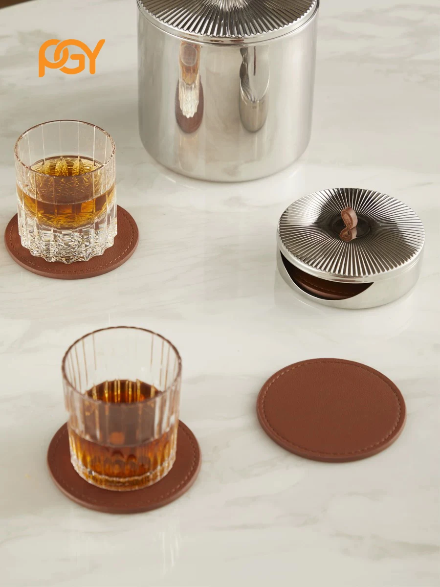 4PCS Luxury Leather Coasters with Stainless Steel Container, Premium Drink Mats for Home Decor, Bar, Office