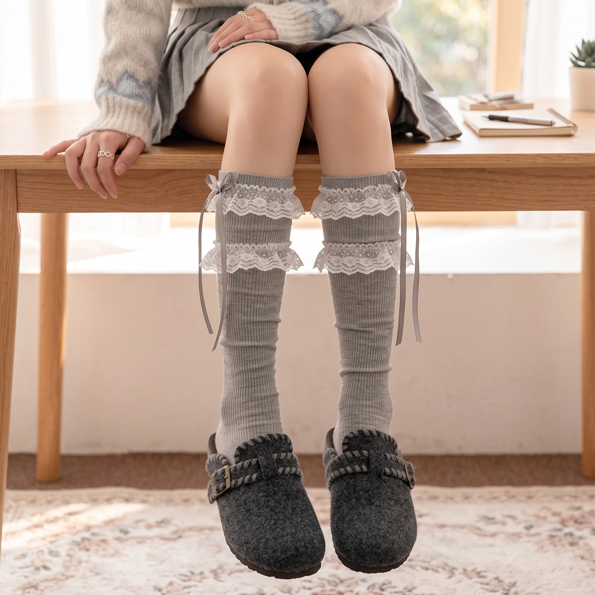 Moon Girl, Sweet Girl‑Style Lace‑Trim Long Slouch Socks for Women, Bow Decor JK Calf Socks, Lovely Fashion Leg Accessory, Perfect for Daily Wear & Matching JK Uniforms and Sweet‑Chic Girl‑Style Dresses Outfits.