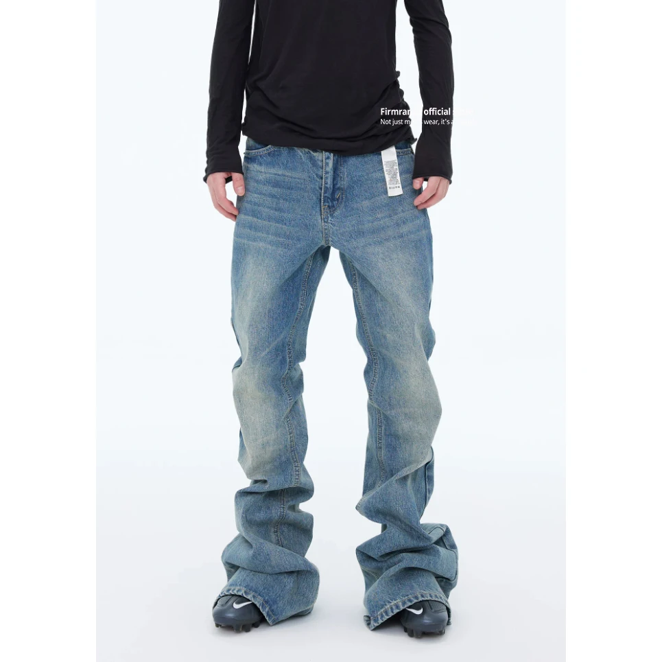 Calças Firmranch New High Street de perna larga, jeans mini flare lavados e desbotados na cor azul gelo para homens e mulheres, calças jeans modernas.