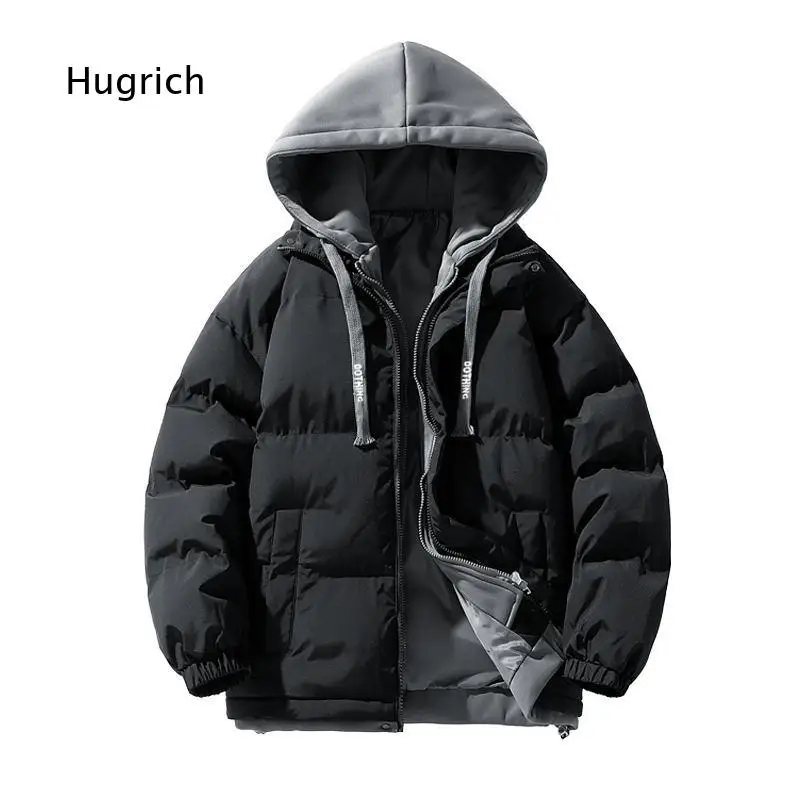 Men's Fake Two Piece Hooded Padded Winter Jacket Zip Up Warm Outerwear With Drawstring Loose Fit For Casual Daily