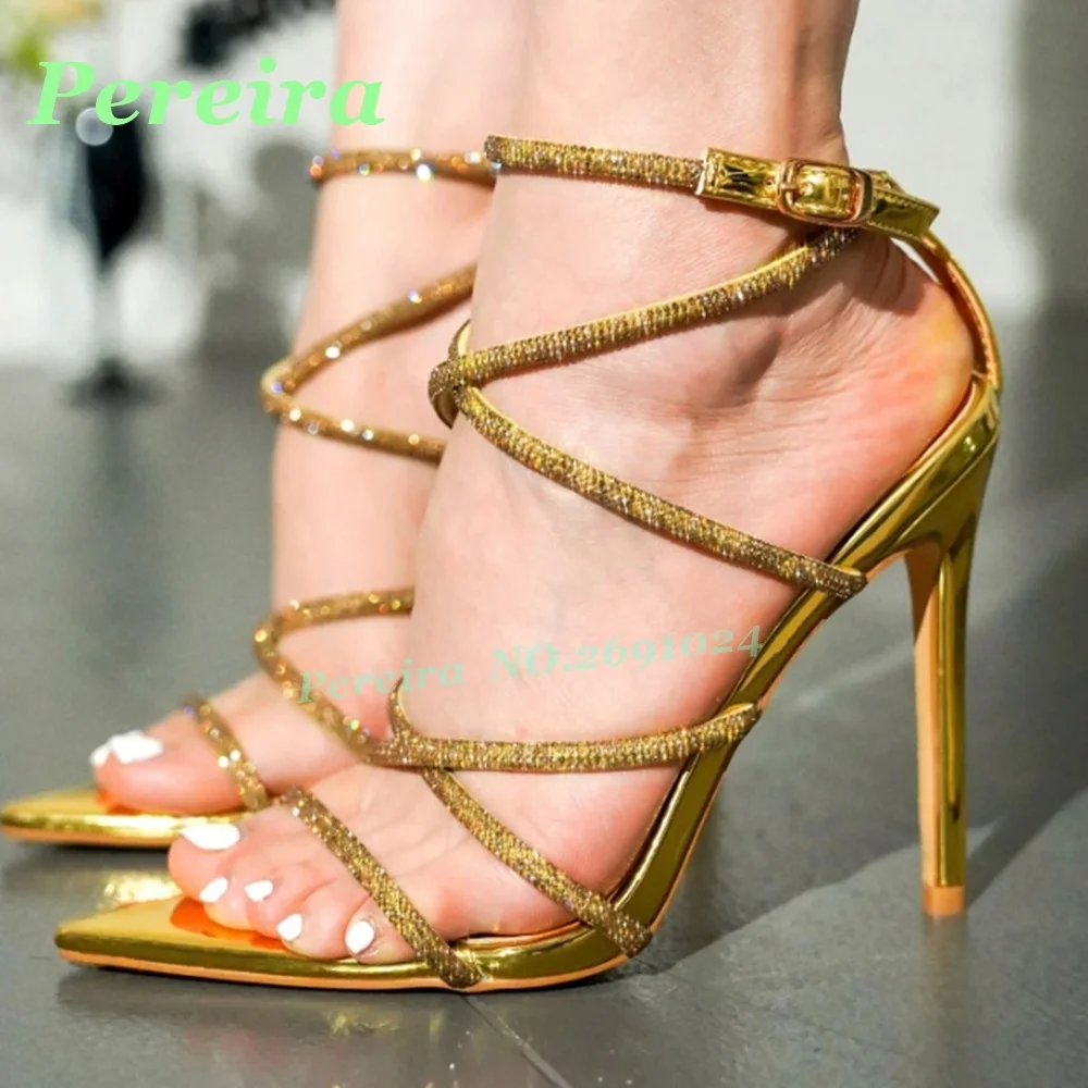 Red Glitter Crisscross Ankle Strap Sandals Pointed Toe Thin Stiletto Sparkly Party High Heels Glossy Elegant Runway Shoes Sexy - view 3