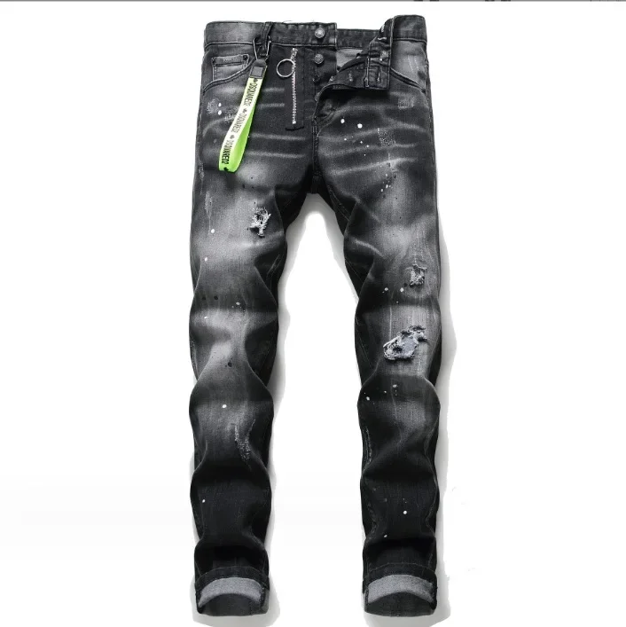 European and American Ragged and Splashed Paint Men's Slim-fit Distressed Patched Stretch Simple and Versatile Jeans.