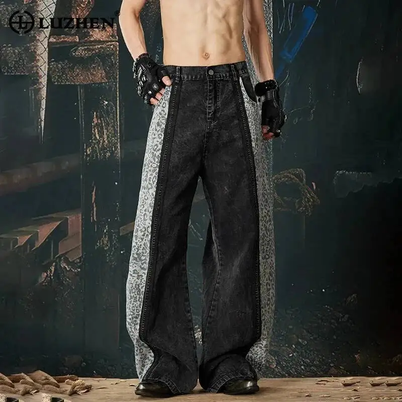 LUZHEN 2026 New Leopard Print Splicing Design Loose Straight Casual Jeans Men's Fashion Street Wide Leg Denim Pants Male JY6760