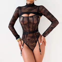 MUZISKAT 2024 Hot New Sexy See-Through Lace Suspenders Row Of Buttons Can Be Open Gear Jumpsuit Pullover Corset Set Onlyfans