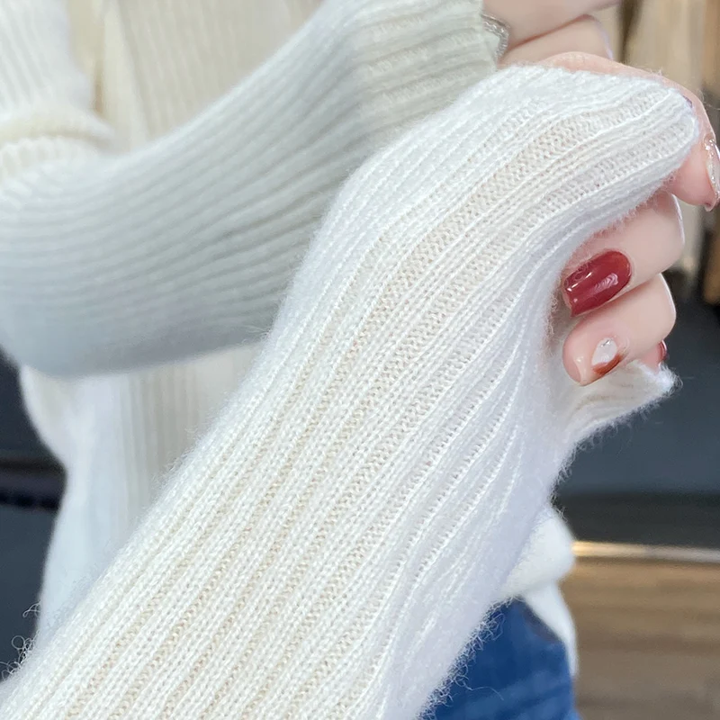 Autumn And Winter New Woolen Sweater Women's Low Neck Long Sleeve Pullover 100% Pure Wool Loose Solid Color Temperament Knitwear