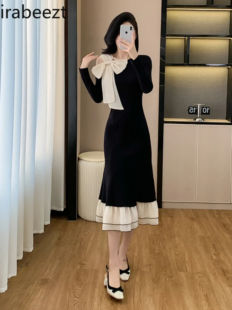 French Hepburn Bow Long Skirt Waist Slimming Fishtail Knit Dress Regulai Fit Vestido Streetwear Knitted Vintage Dress