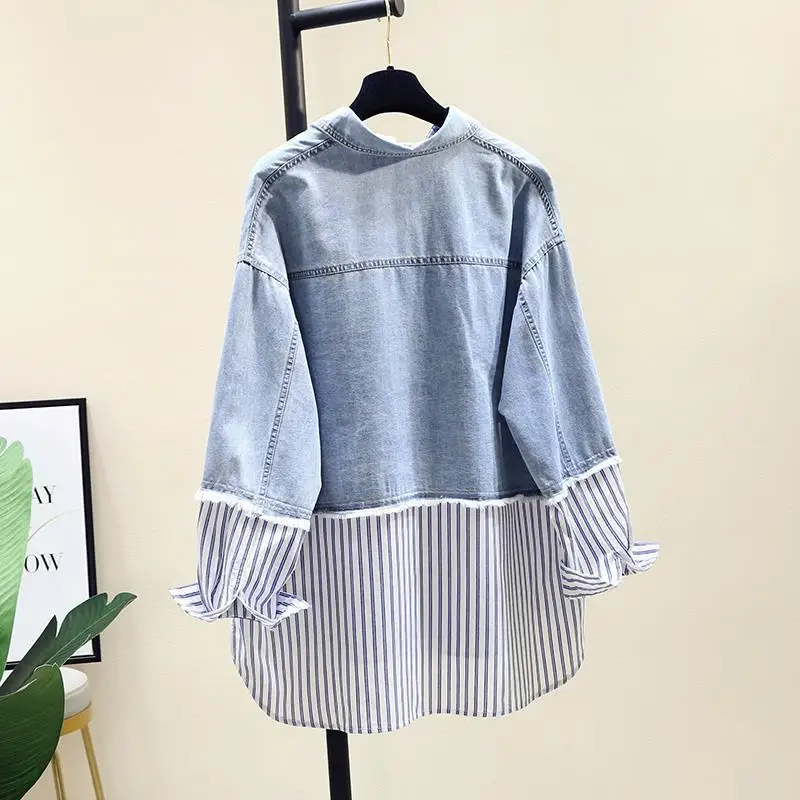 ZURICHOUSE Casual Blouses Women Long Sleeve Loose Fit Spring Summer Fashion Fake Two Pieces Patchwork Denim Striped Shirt Female