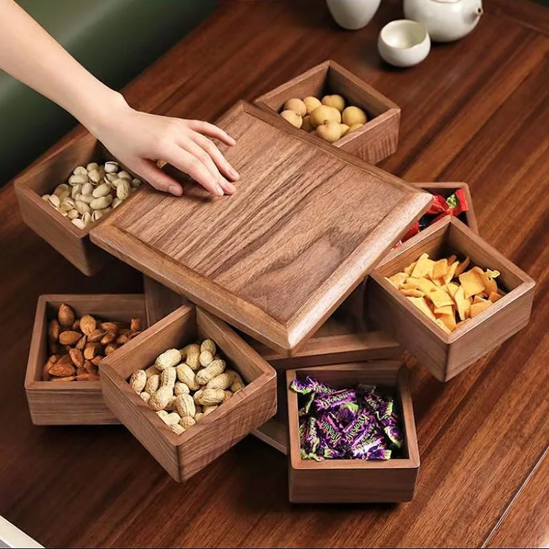 New Chinese Style Solid Wood Tray Rotating Dry Fruit & Snacks Storage Box for Home Living Room Coffee Table Melon Seeds Candies