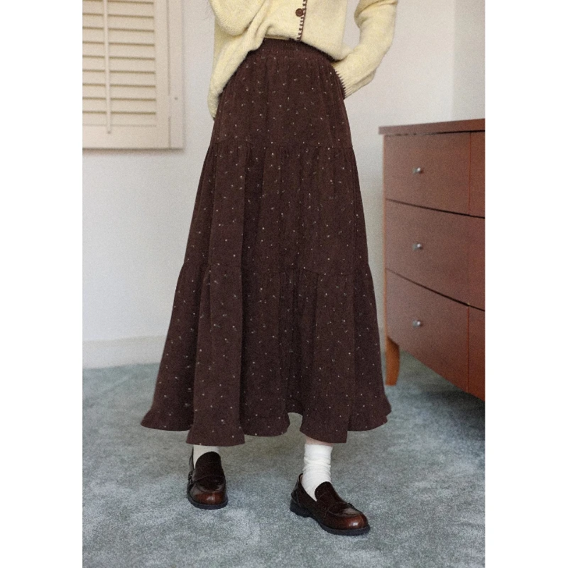 ALXNAN Vintage Spódnice w Grochy z Elastyczną Gumką w Pasie, Luźne Spódnice w Kształcie Litery A, Modne Spódnice Warstwowe, Kolekcja Jesień Zima 2025, Odzież Damska L59505