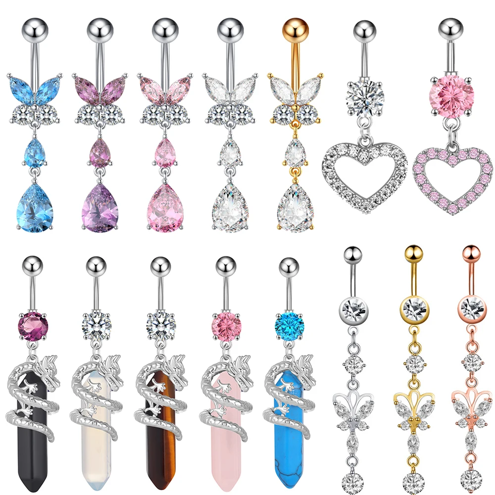 1pc Dragon Butterfly Flower Heart Belly Button Rings Blue Pink Crystals Zircon Dangled Navel Belly Piercing Nombril for Women