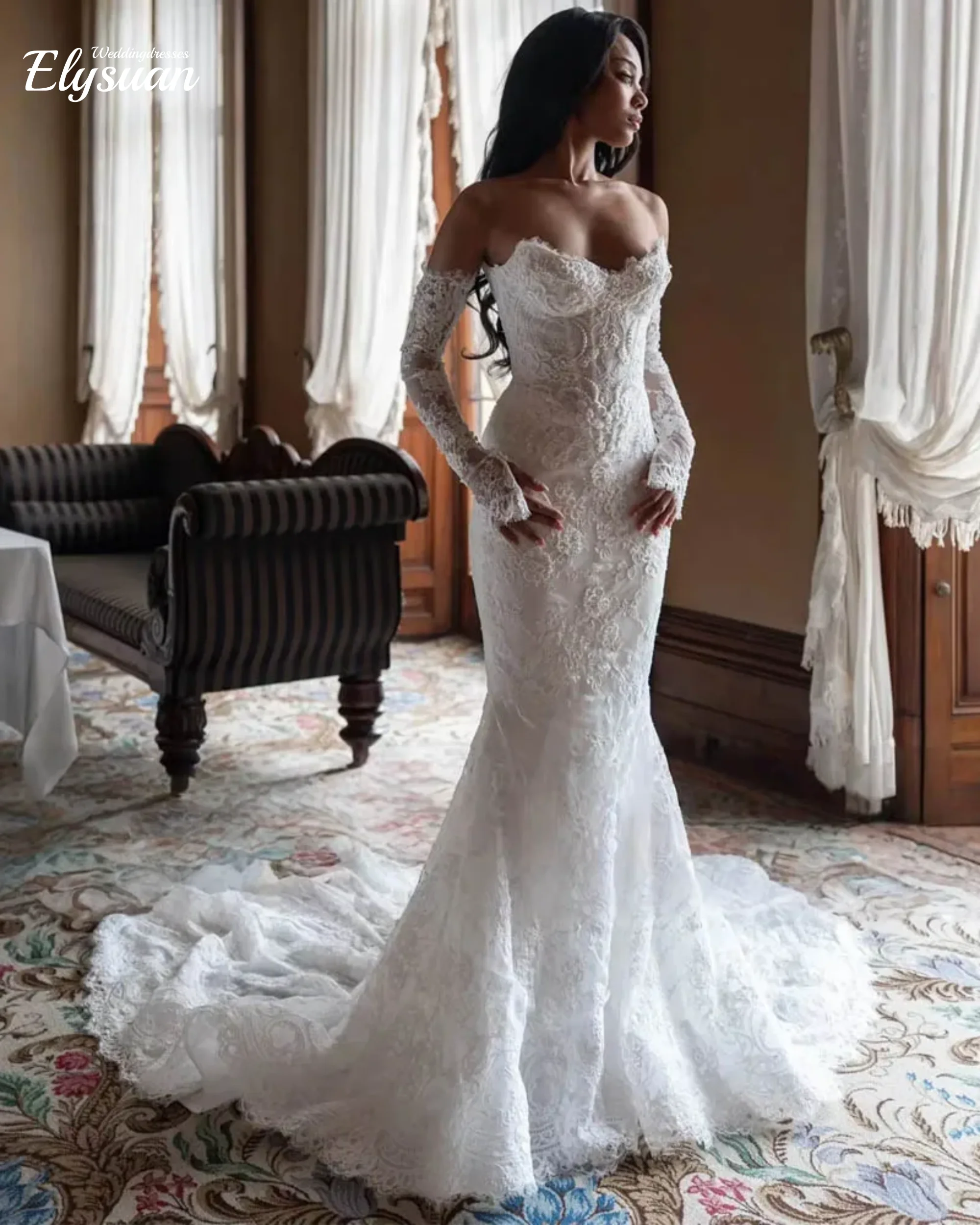 Aangepaste prachtige kralen trouwjurk voor vrouw bruid lieverd lange mouw zeemeermin prachtige applicaties sweep bruidsjurk