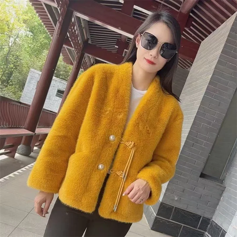 High-Quality Mink Velvet Coat Women's New Fur Jacket Autumn Winter 2025 V-Neck Fur Coats Fashion Outerwear Cardigan Overcoat Top