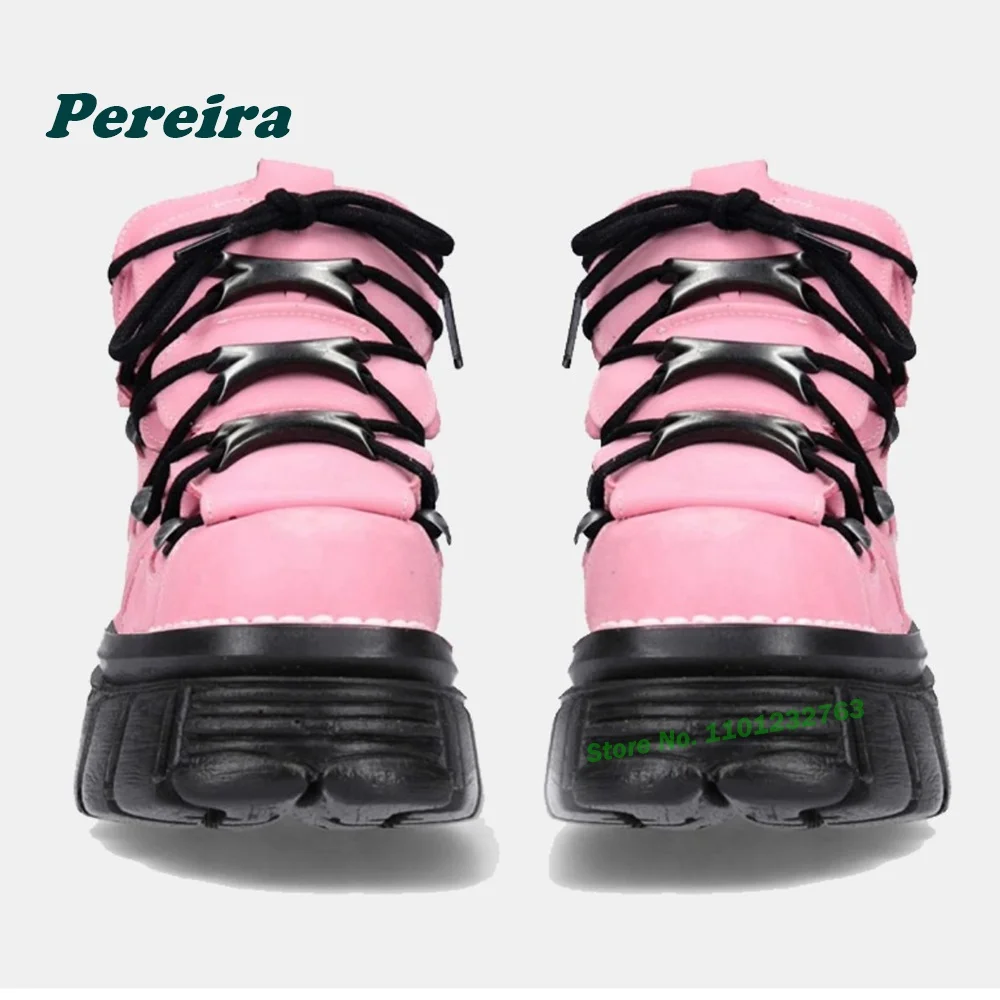 Pink Metallic Rock Ankle Boots Tank Soled Platform Punk Motorcycle Boots Spicy Girls Y2K Street Style Retro Women's Shoes Spring
