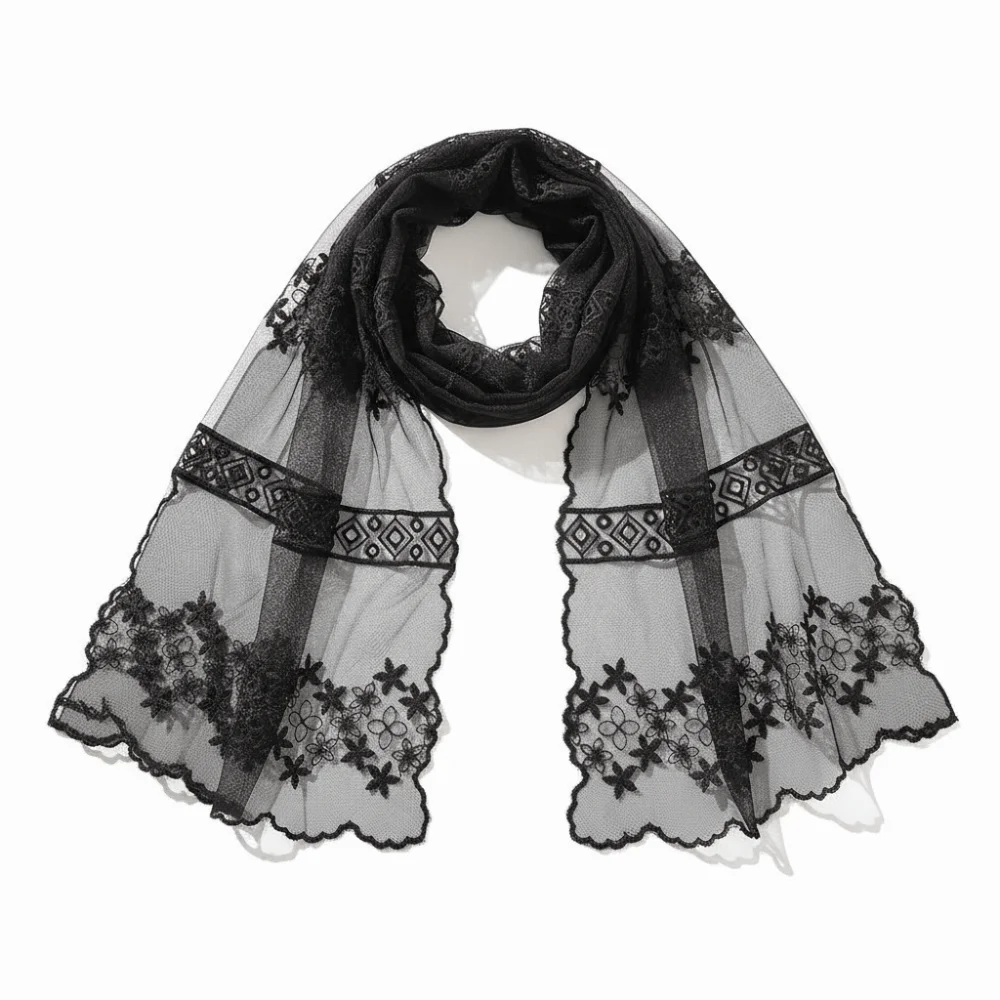 

Casual Embroidered Flower Lace Scarf Breathable Mesh Long Female Headscarf Lightweight Sunscreen Shawl Spring