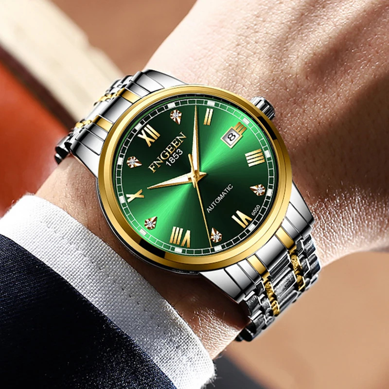 FNGEEN Top Brand Luxury Fashion Green Mechanical Watch for Men Stainless Steel Waterproof Sport Automatic Calendar Mens Watches