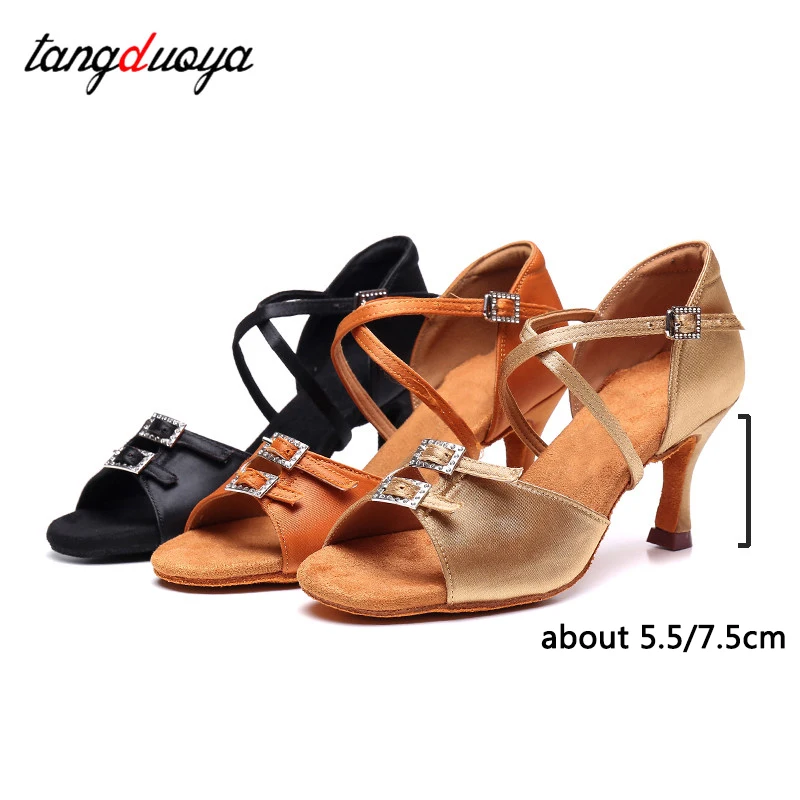 New silk Latin Dance Shoes Women Ballroom High Heel Dance Shoes Soft Sole Tango Salsa Party Shoes For Ladies Girl Sandals