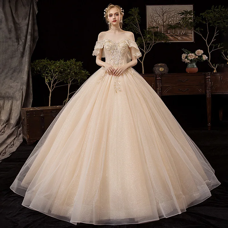 2021 오프 숄더 Vestido De Noiva 웨딩 드레스 기차 맞춤형 플러스 사이즈 Bridal Tulle Mariage boho Champagne Wedding