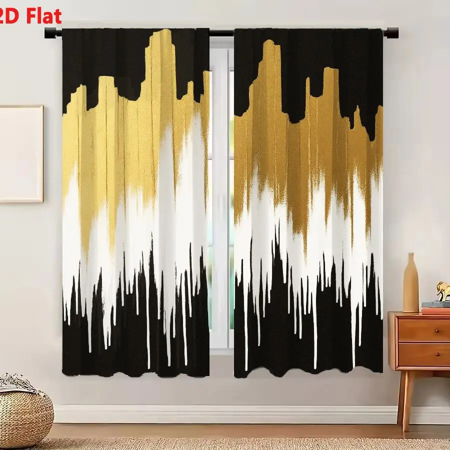 2Pcs Curtains 2D Flat Abstract Artwork With Vertical Gold White Black Forms On Solid Black Background Window Drapes for Bedroom