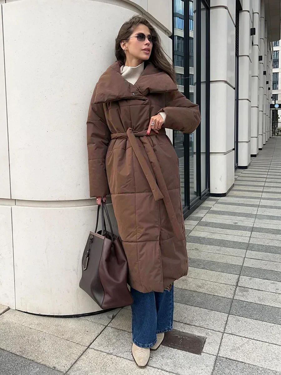 Women Loose Quilted Jackets Parkas Winter Coats Oversized Warm Long Belt Puffer Jackets Ladies Cotton Padded Jacket