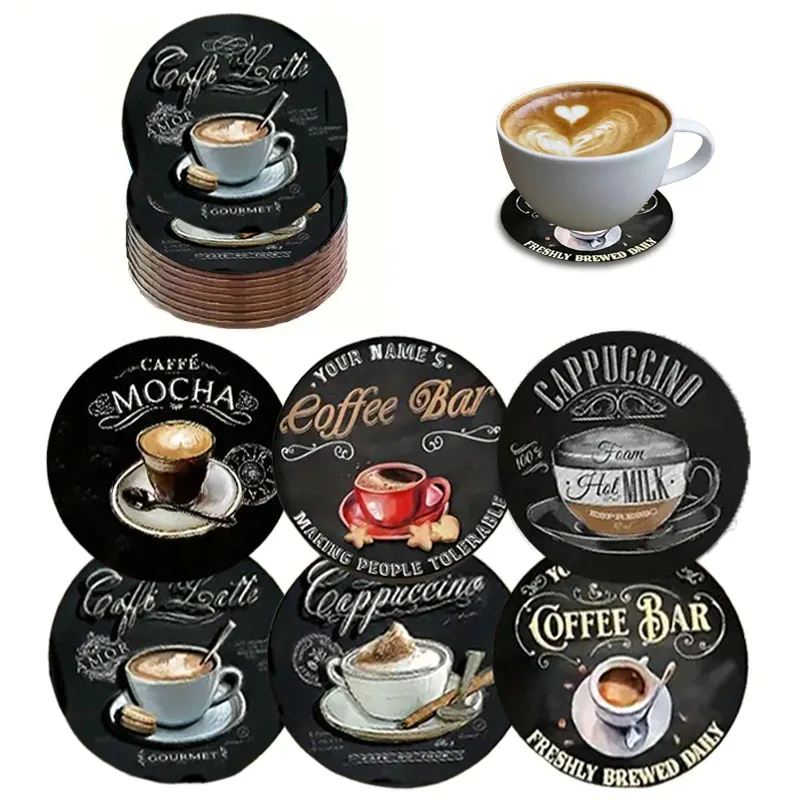 Ein 6-teiliges Set runder Untersetzer aus Holz mit Kaffeetassenmuster eignet sich für Küchenutensilien und Weihnachtsgeschenke