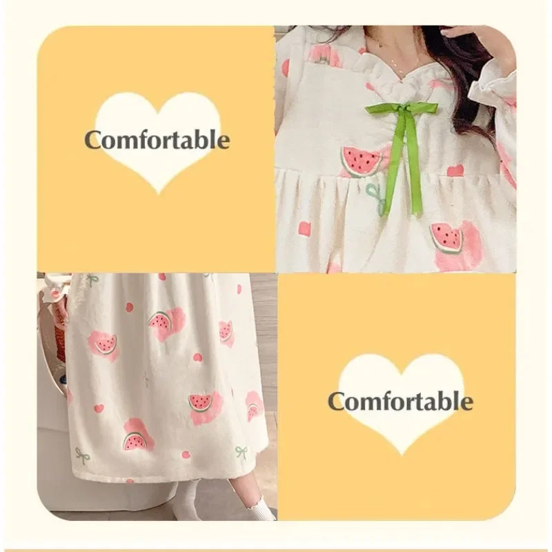 Plus Size Women Winter Pajamas Thickened Flannel Nightgown Sweet Princess Style Sleepwear Warm Loungewear Can Be Worn Outside