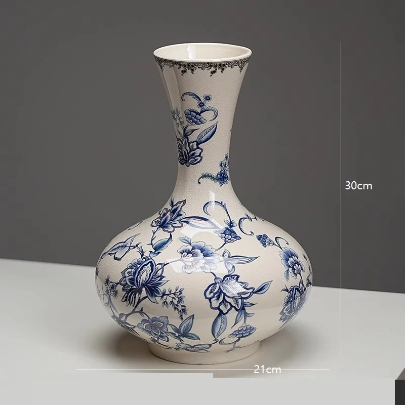 Chinese antique blue and white porcelain ceramic vase decoration, home living room flower arrangement, high-end retro flower war