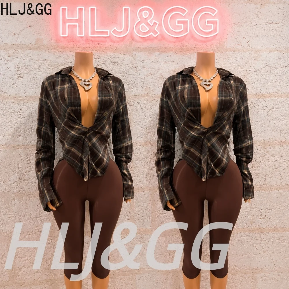 HLJ&GG Fashion Stripes Print Lapel Shirts Two Piece Sets Women Deep V Long Sleeve Slim Top And Skinny Shorts Outfits Streetwear