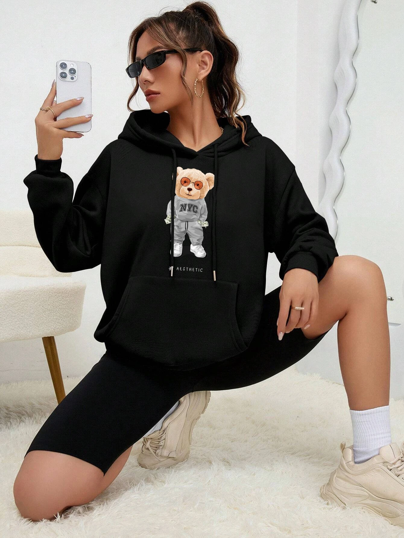 New York Tycoon Teddy Bear NYC Print women\'s Hoodies Vintage Casual Hooded Autumn Loose Tops Simple Fleece Sweatshirt Woman