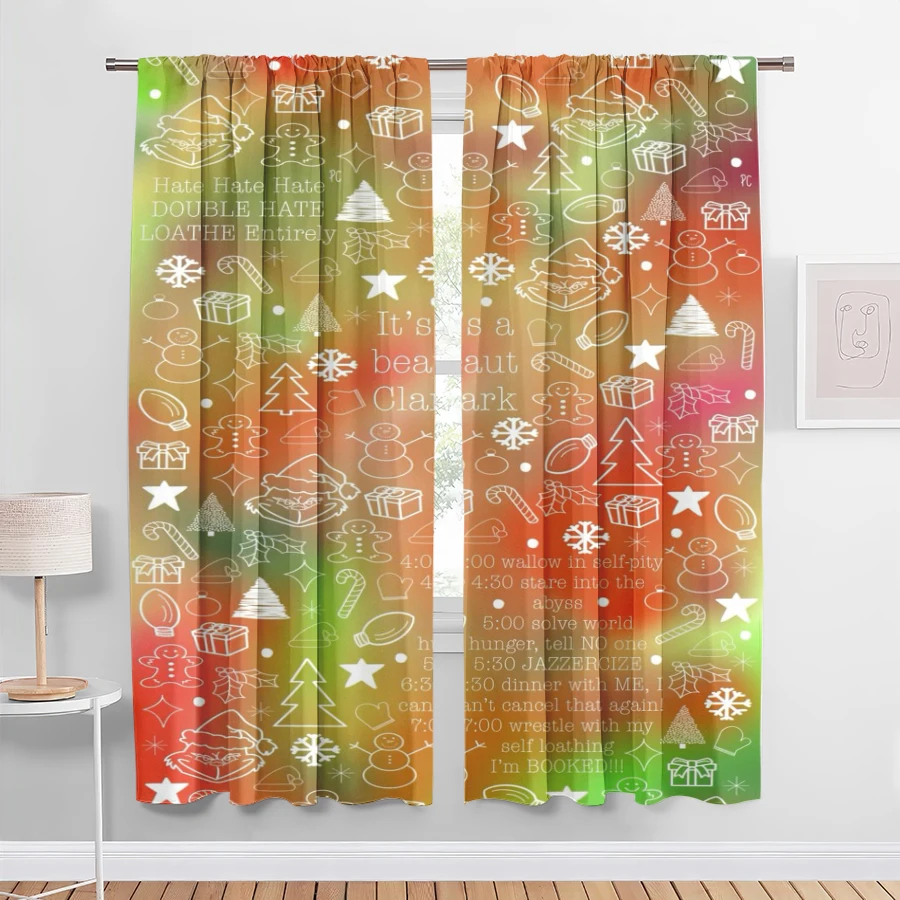 2PCS Digital Print Christmas Curtains, Grinch Line Art Xmas Elements, Funky Retro Window Drapes for Holiday Home Decor
