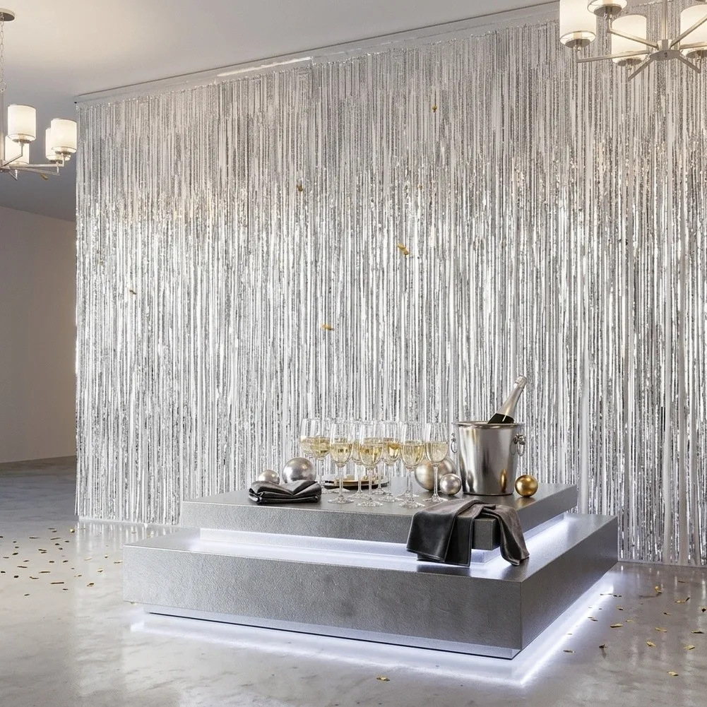 12 Piece Silver Foil Fringe Backdrop Set for Celebratory Decor Suitable for Indoor Outdoor Settings Each 1x2 Meter Size
