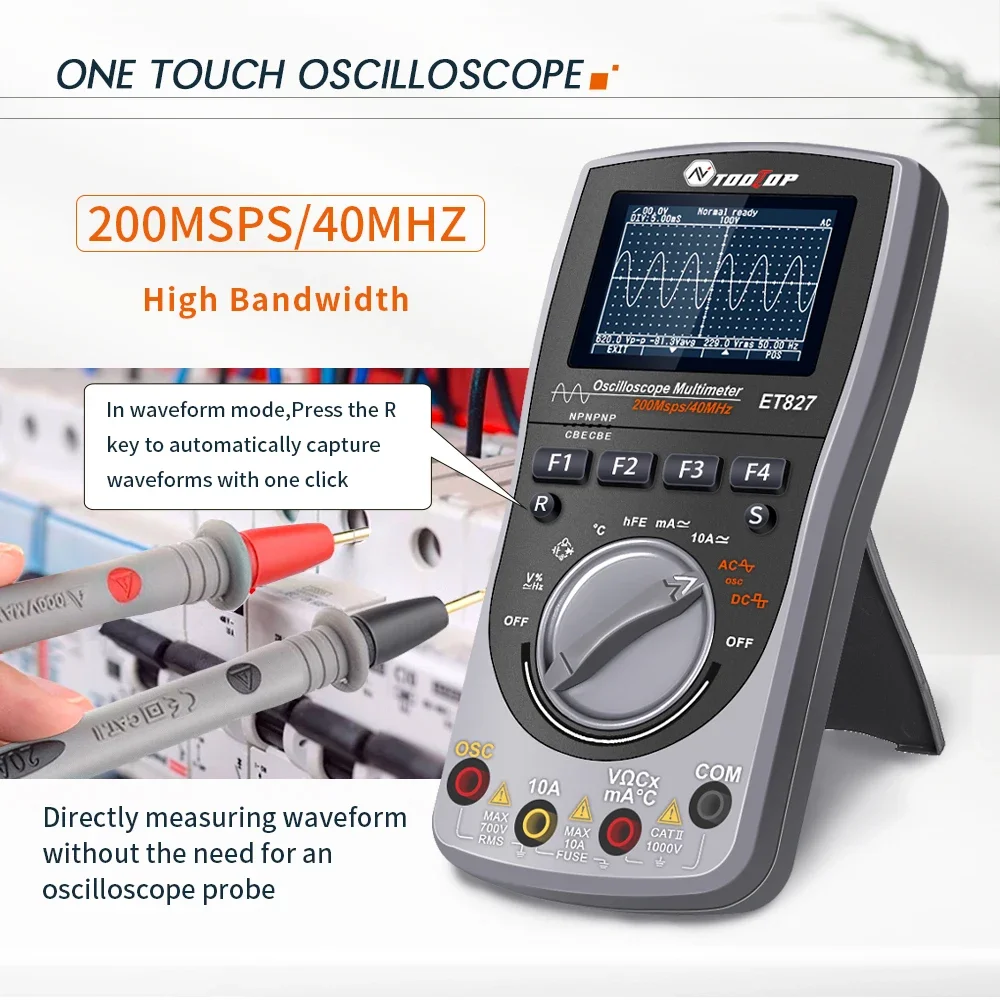 TOOLTOP ET827 2-in-1 Digital Oscilloscope Multimeter 200Msps Sampling Rate 40MHZ Analog Bandwidth Supports Waveform Storage