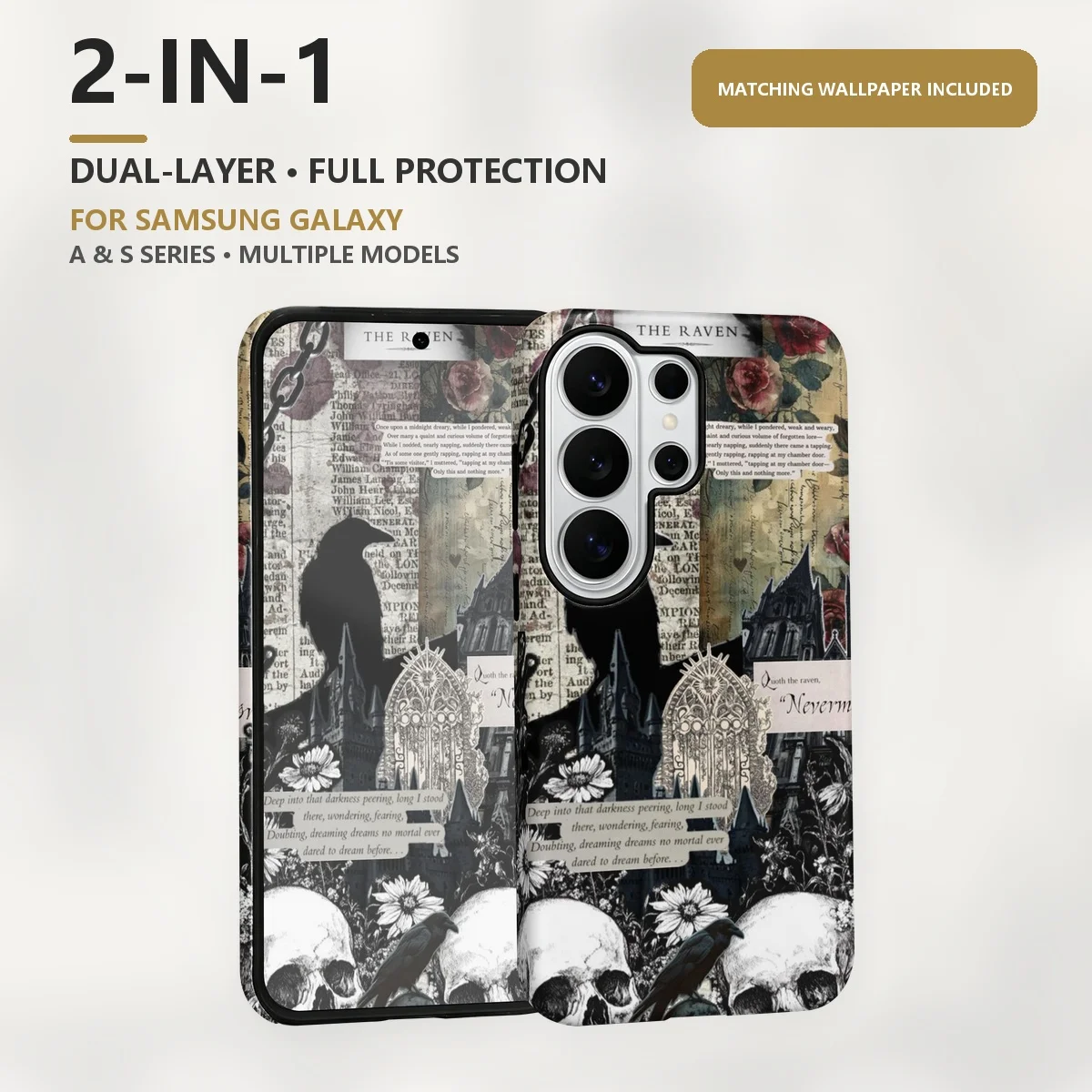 Gothic Raven Skull Collage 2-in-1 Dual-Layer Phone Case for Samsung Galaxy S26 S25 S24 Plus Ultra FE S20 FE A56 A17 A16 A15