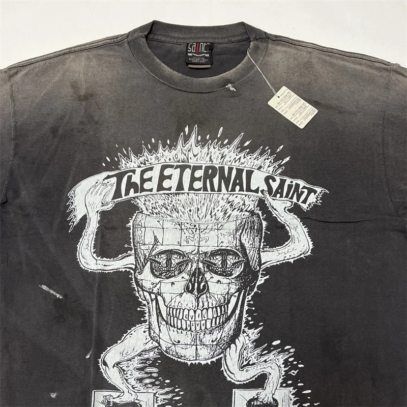 

Black Washed SAINT Mxxxxxx Short Sleeves Men Women 1:1 Best Quality Skeleton Beetle Print Oversized T Shirt
